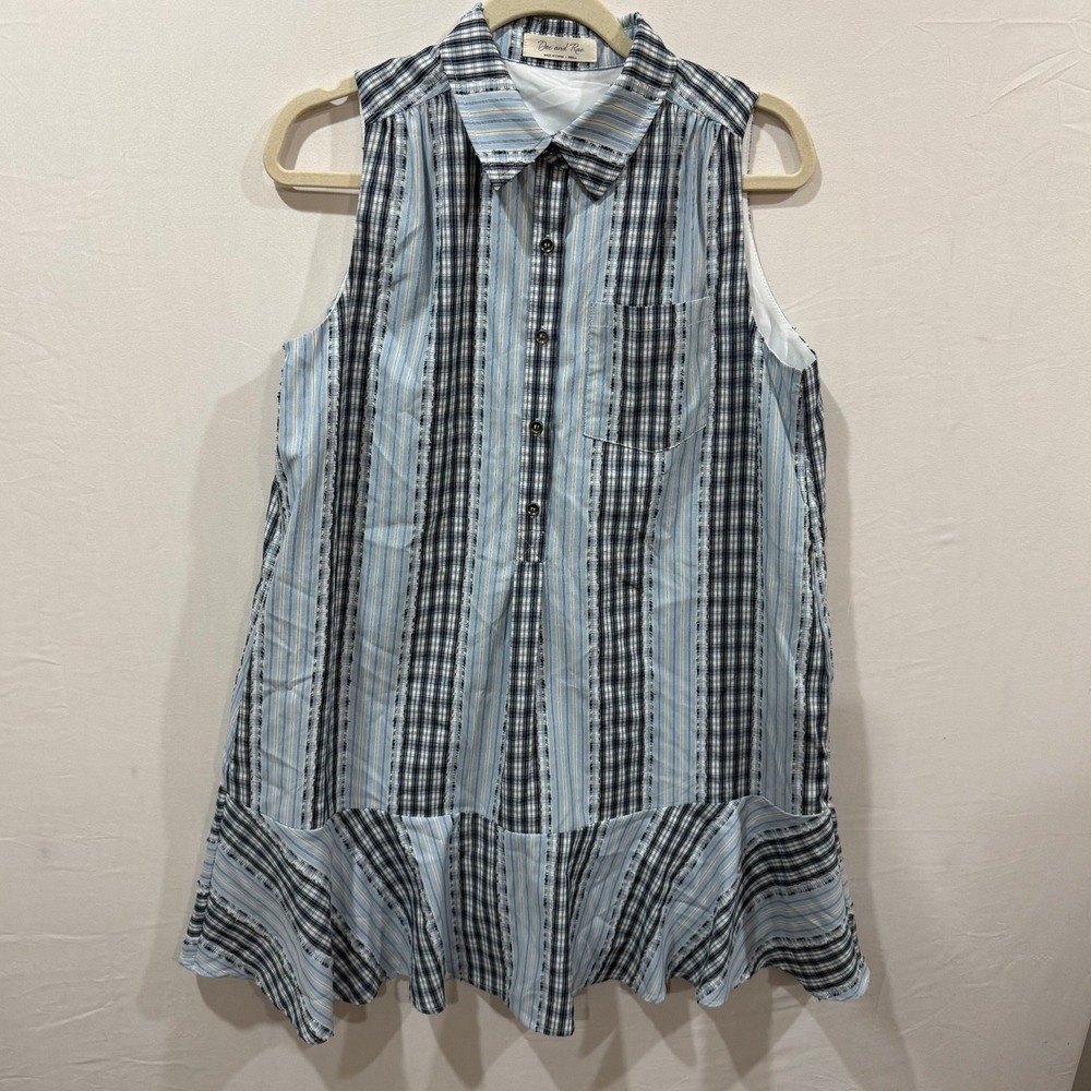 Doe and Rae Blue Mixed Plaid Stripe Sleeveless Ruffle Hem Tunic Shirt Small